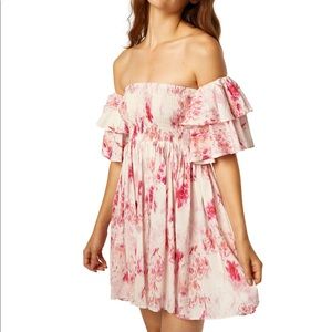 NWT MISA Los Angeles Dima Shirred Ruffled Mini Dress Pink Floral Size Large